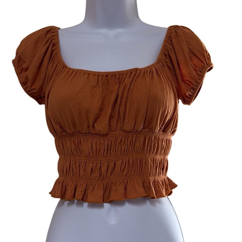 Hyfve Orange Brown‎ Ruched Puff Sleeve Cropped Top Medium Boho Cottage Milkmaid